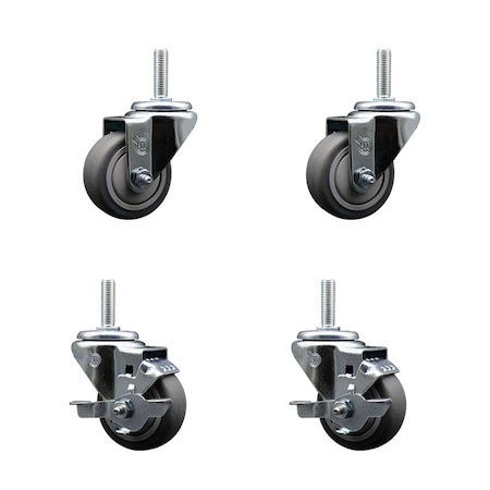 Service Caster 3 Inch Thermoplastic Rubber Wheel Swivel 58 Inch Threaded Stem Caster Set 2 Brakes SCC SCC-TS20S314-TPRB-58212-2-TLB-2